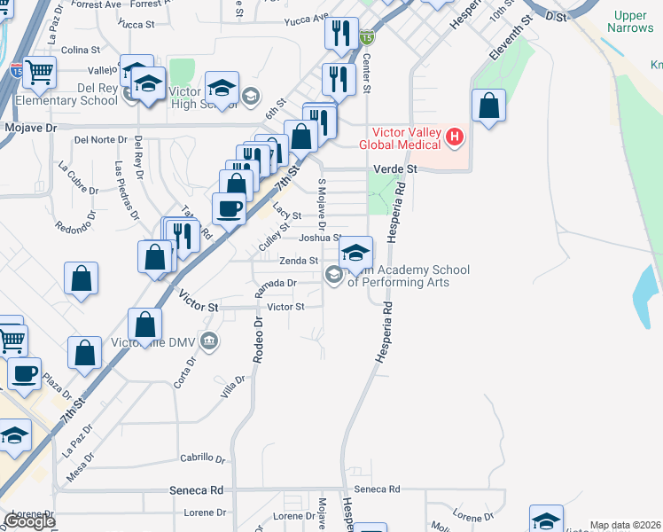 map of restaurants, bars, coffee shops, grocery stores, and more near 16713 Zenda Street in Victorville