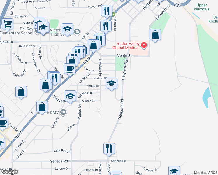 map of restaurants, bars, coffee shops, grocery stores, and more near 16753 Zenda Street in Victorville