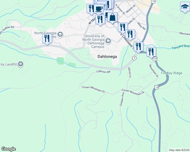 map of restaurants, bars, coffee shops, grocery stores, and more near 239 Calhoun Rd in Dahlonega