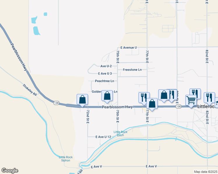 map of restaurants, bars, coffee shops, grocery stores, and more near 35339 75th Street East in Littlerock