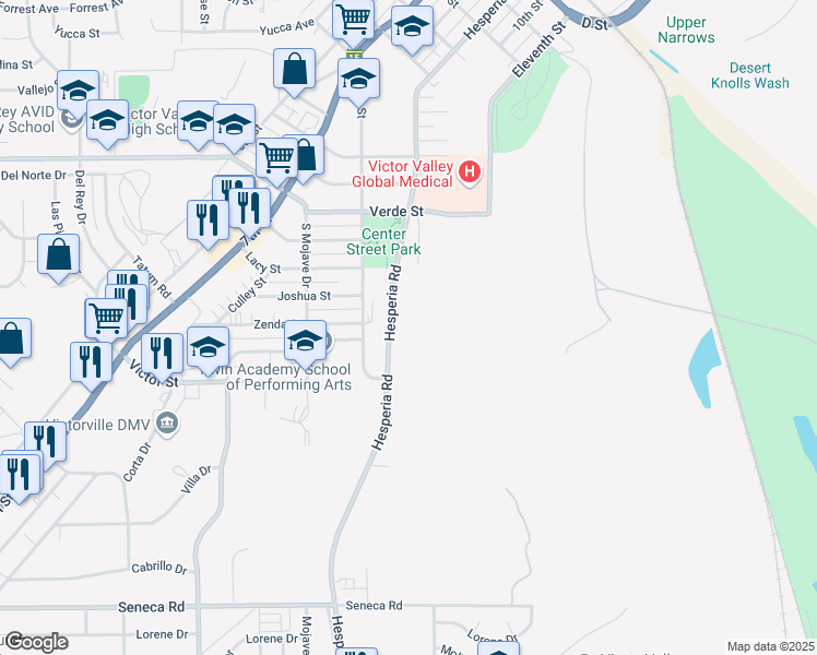 map of restaurants, bars, coffee shops, grocery stores, and more near 15029 Hesperia Road in Victorville