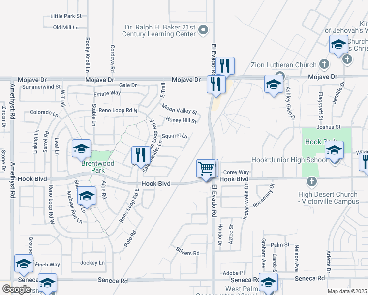 map of restaurants, bars, coffee shops, grocery stores, and more near Jackrabbit & Kitfox Lane in Victorville