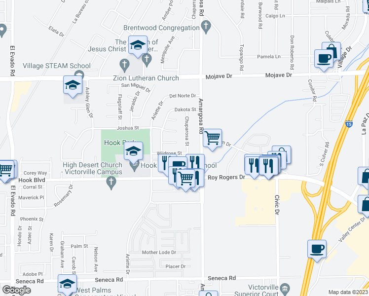map of restaurants, bars, coffee shops, grocery stores, and more near 15022 Chuparosa Street in Victorville