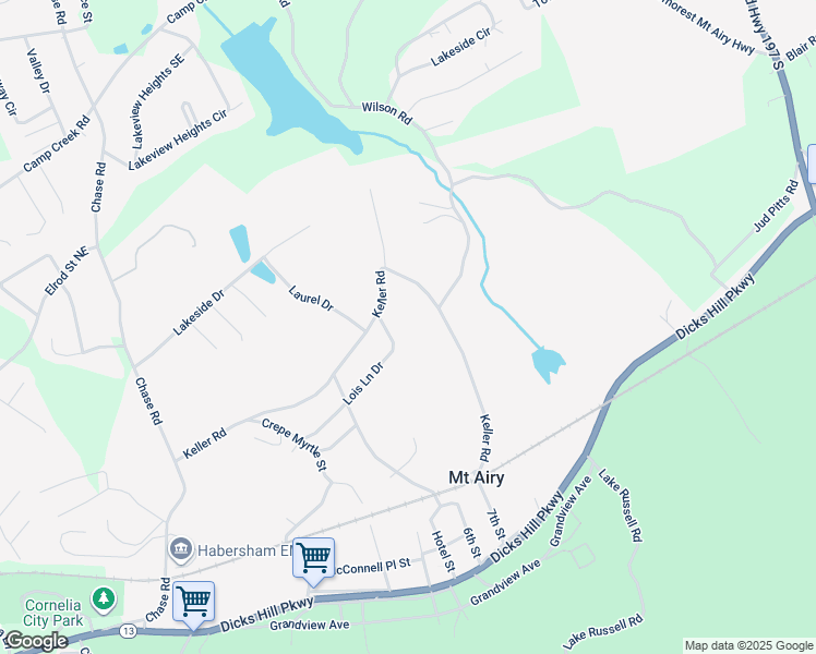 map of restaurants, bars, coffee shops, grocery stores, and more near 440 Lois Lane Drive in Mount Airy