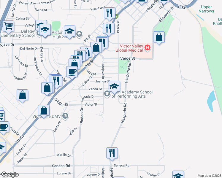 map of restaurants, bars, coffee shops, grocery stores, and more near 16754 Zenda Street in Victorville