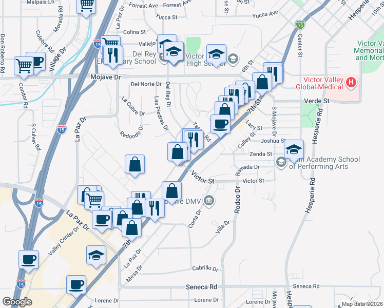 map of restaurants, bars, coffee shops, grocery stores, and more near 14986A Seventh Street in Victorville