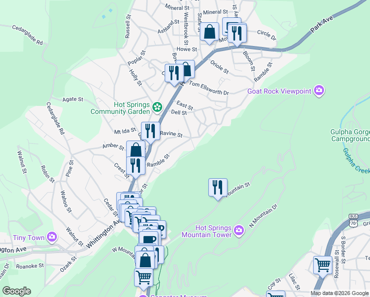 map of restaurants, bars, coffee shops, grocery stores, and more near 176 Ramble Street in Hot Springs