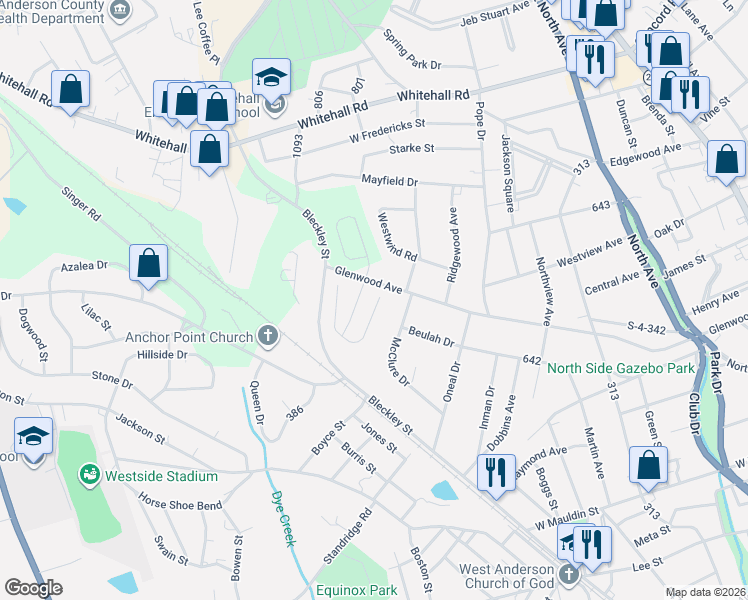 map of restaurants, bars, coffee shops, grocery stores, and more near 103 Traditions Boulevard in Anderson