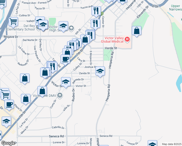 map of restaurants, bars, coffee shops, grocery stores, and more near 15000 South Mojave Drive in Victorville