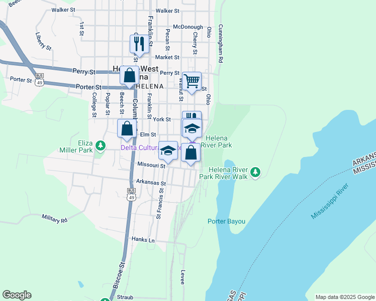 map of restaurants, bars, coffee shops, grocery stores, and more near 215 Cherry Street in Helena-West Helena