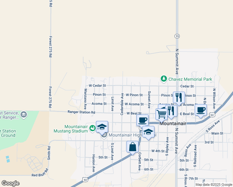 map of restaurants, bars, coffee shops, grocery stores, and more near 1003 West Pinon Street in Mountainair