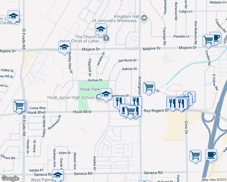 map of restaurants, bars, coffee shops, grocery stores, and more near 15064 Dakota Street in Victorville