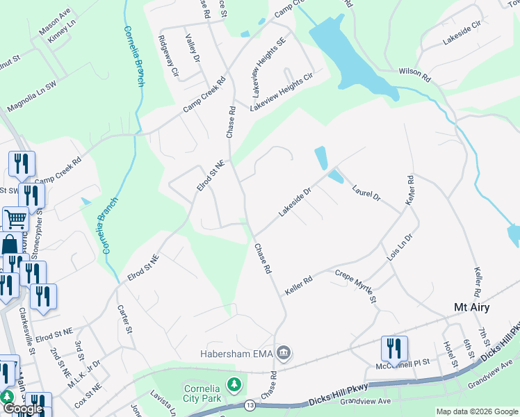 map of restaurants, bars, coffee shops, grocery stores, and more near 946 Chase Road in Cornelia