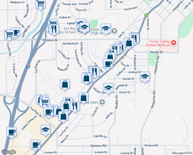 map of restaurants, bars, coffee shops, grocery stores, and more near 14986A Seventh Street in Victorville