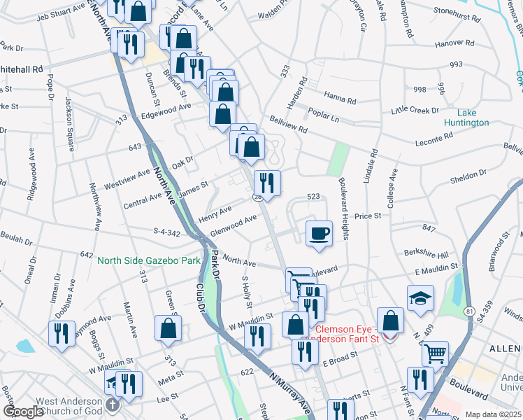 map of restaurants, bars, coffee shops, grocery stores, and more near 2101 South Carolina 28 Business in Anderson