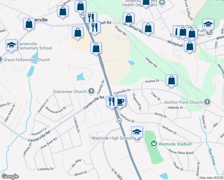 map of restaurants, bars, coffee shops, grocery stores, and more near 1404 Pearman Dairy Road in Anderson