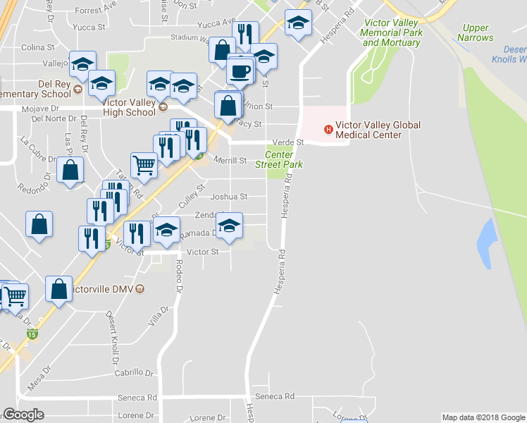 map of restaurants, bars, coffee shops, grocery stores, and more near 15010 Center Street in Victorville