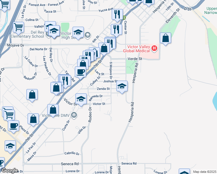 map of restaurants, bars, coffee shops, grocery stores, and more near 16696 Zenda Street in Victorville