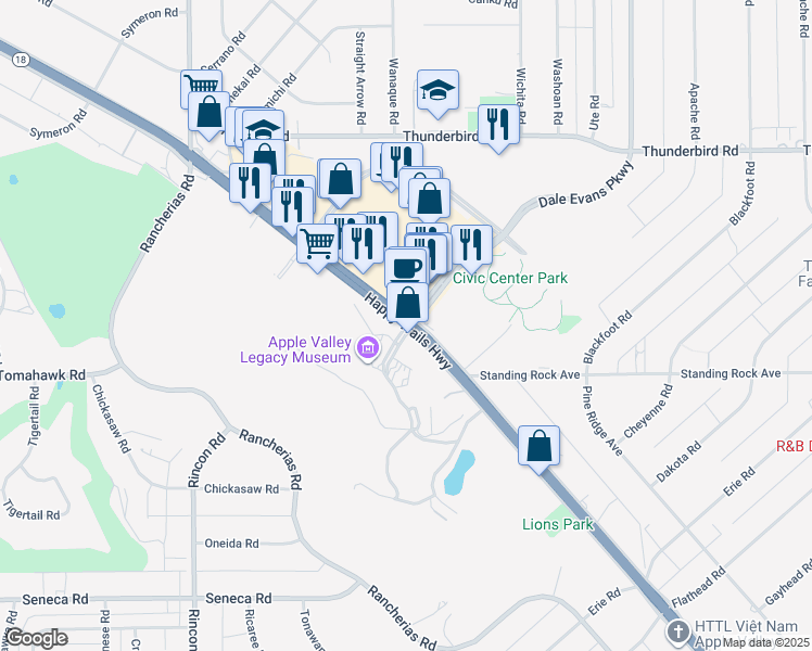 map of restaurants, bars, coffee shops, grocery stores, and more near California 18 in Apple Valley