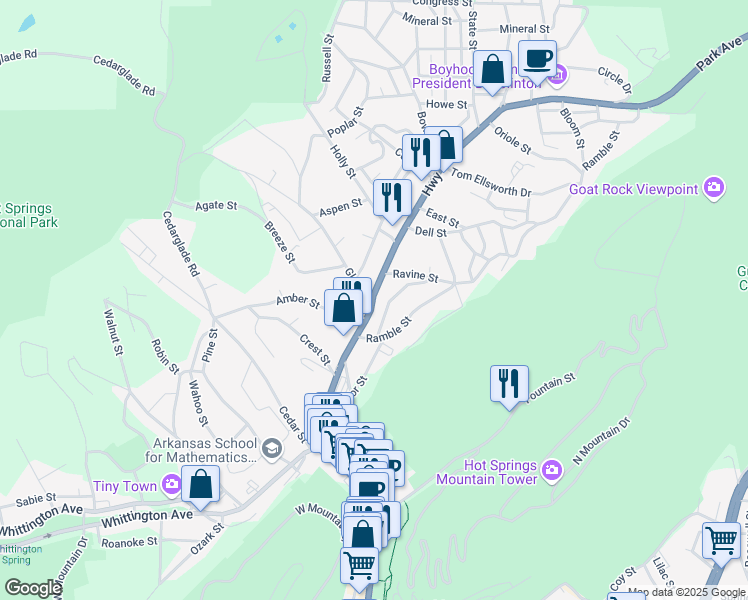 map of restaurants, bars, coffee shops, grocery stores, and more near 534 Park Avenue in Hot Springs