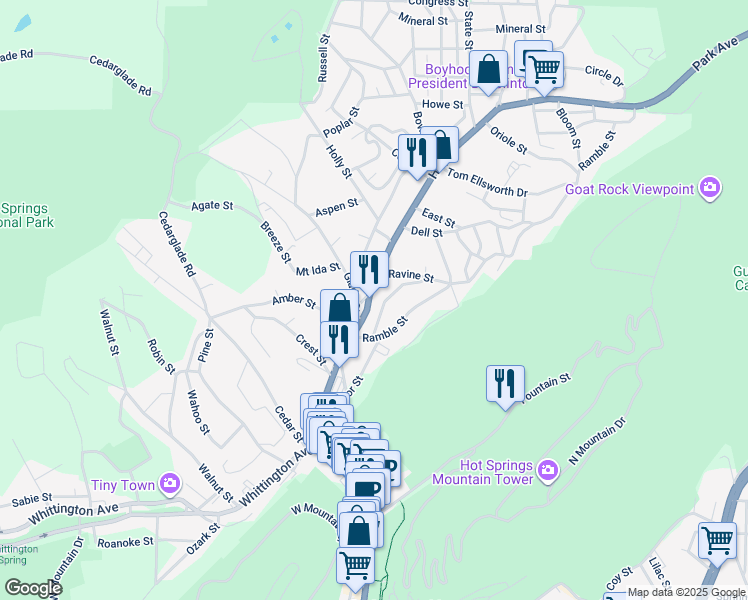 map of restaurants, bars, coffee shops, grocery stores, and more near 534 Park Avenue in Hot Springs