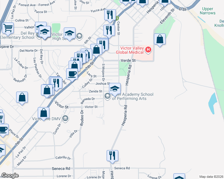 map of restaurants, bars, coffee shops, grocery stores, and more near 16754 Zenda Street in Victorville