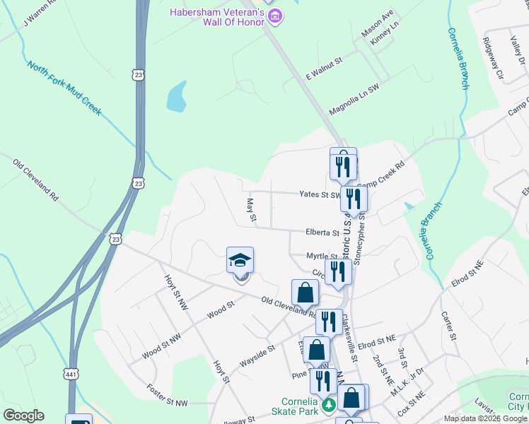 map of restaurants, bars, coffee shops, grocery stores, and more near 151 Tiny Ridge Drive in Cornelia