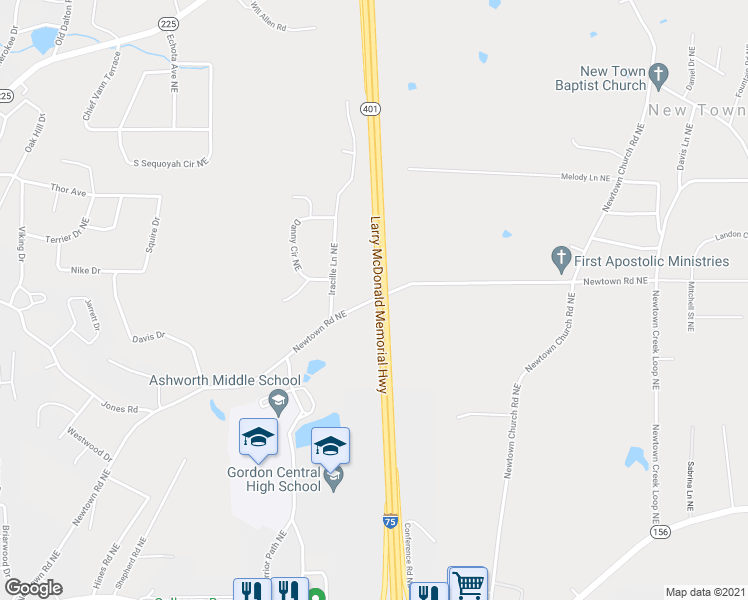 map of restaurants, bars, coffee shops, grocery stores, and more near 695 Newtown Road Northeast in Calhoun