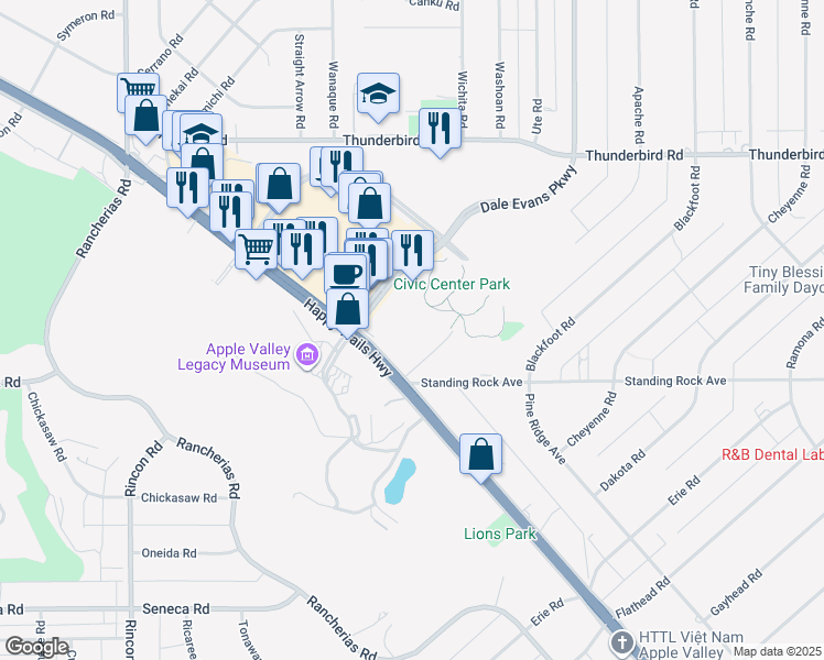 map of restaurants, bars, coffee shops, grocery stores, and more near 14931 Dale Evans Parkway in Apple Valley