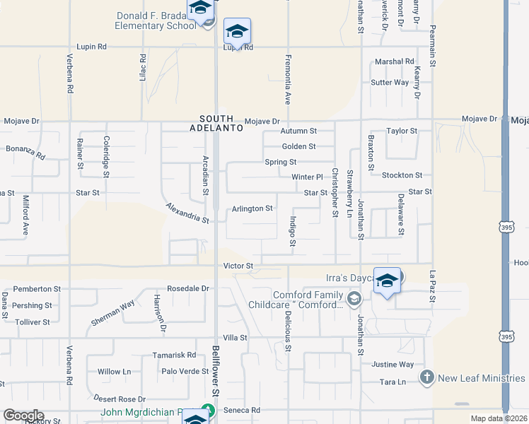map of restaurants, bars, coffee shops, grocery stores, and more near 11433 Arlington Street in Adelanto