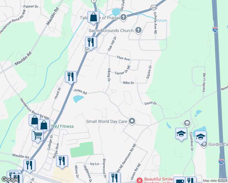 map of restaurants, bars, coffee shops, grocery stores, and more near 145 Viking Drive in Calhoun
