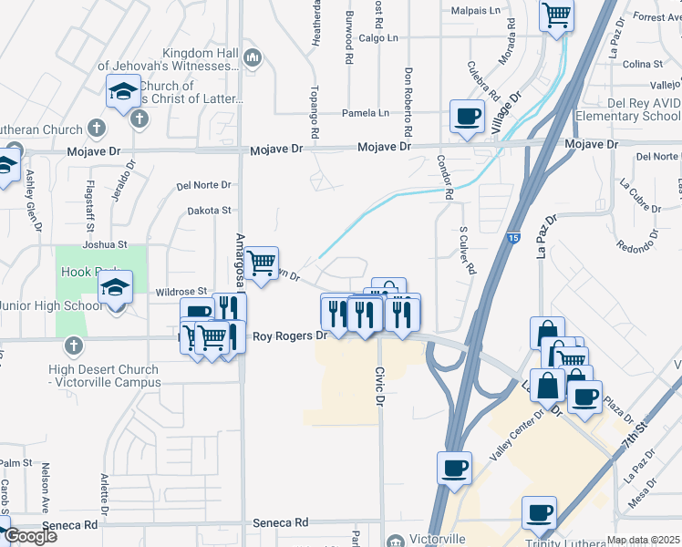 map of restaurants, bars, coffee shops, grocery stores, and more near 15500 Midtown Drive in Victorville