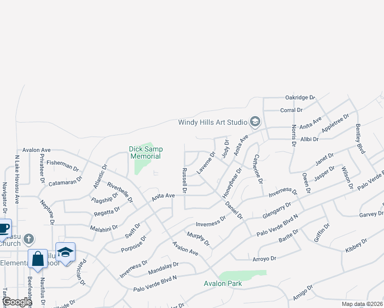 map of restaurants, bars, coffee shops, grocery stores, and more near 2570 James Drive in Lake Havasu City