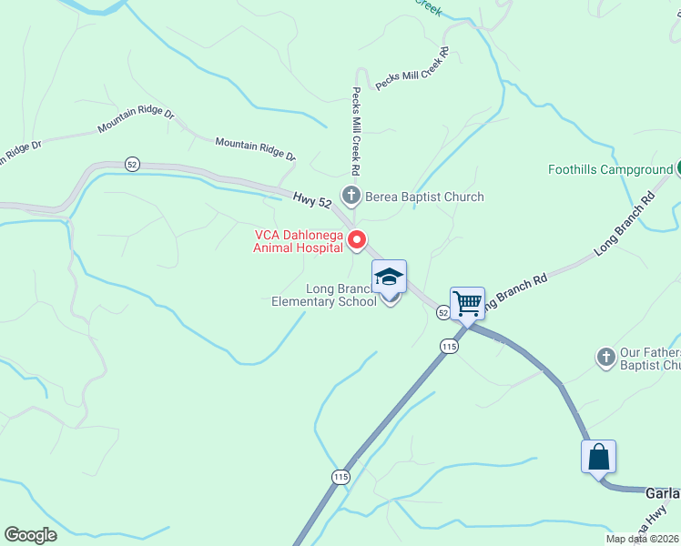 map of restaurants, bars, coffee shops, grocery stores, and more near 48 Long Road in Dahlonega