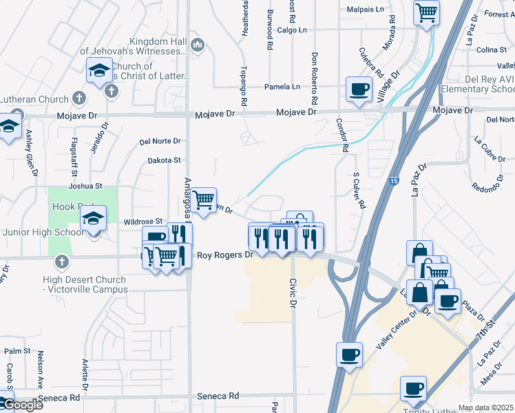 map of restaurants, bars, coffee shops, grocery stores, and more near 15500 Midtown Drive in Victorville