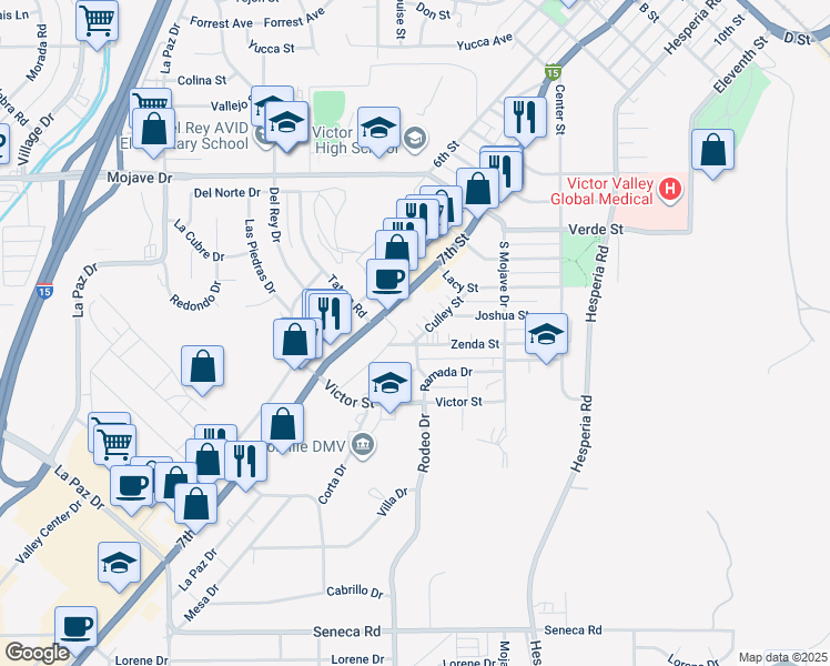 map of restaurants, bars, coffee shops, grocery stores, and more near 15014 Culley Street in Victorville
