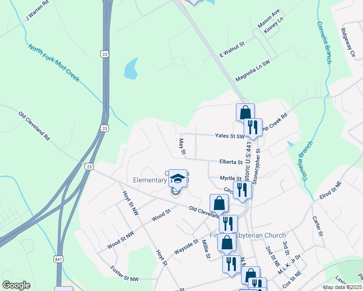 map of restaurants, bars, coffee shops, grocery stores, and more near 158 May Street in Cornelia