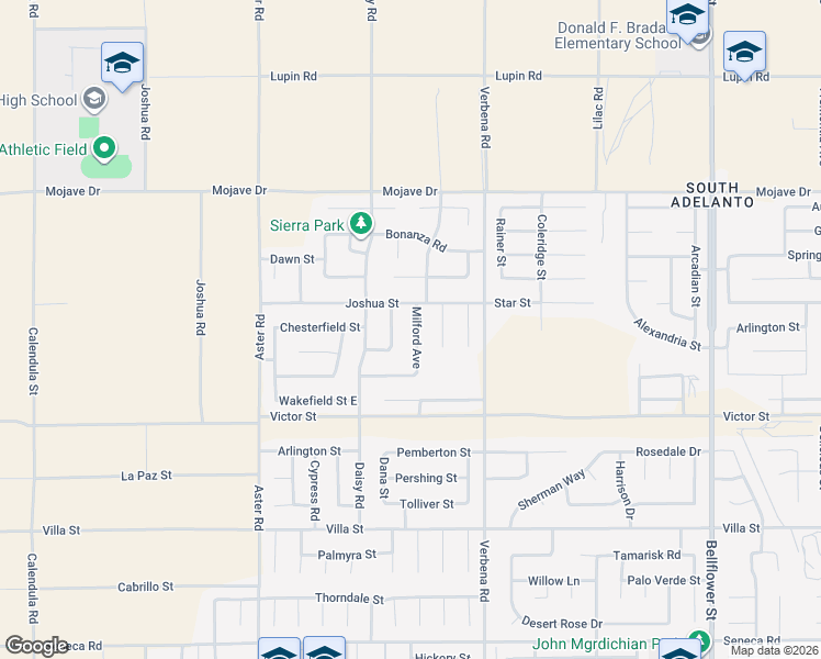 map of restaurants, bars, coffee shops, grocery stores, and more near 15056 Milford Avenue in Adelanto