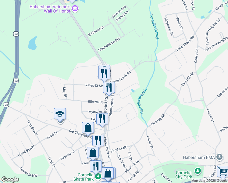 map of restaurants, bars, coffee shops, grocery stores, and more near 620 Stonecypher Street in Cornelia