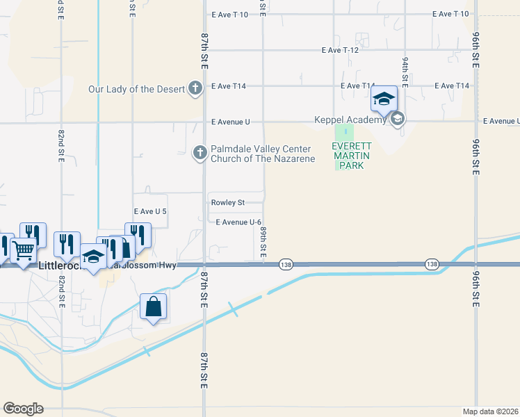 map of restaurants, bars, coffee shops, grocery stores, and more near 35335 89th Street East in Littlerock