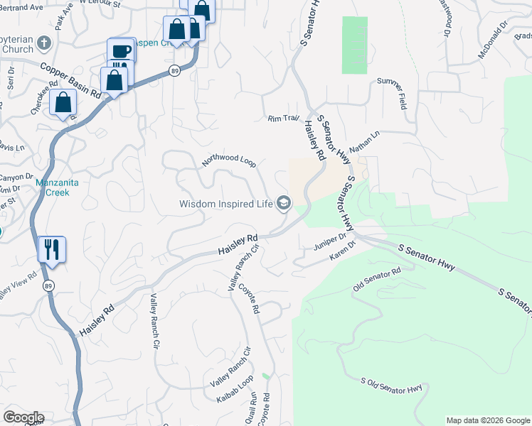 map of restaurants, bars, coffee shops, grocery stores, and more near 725 Northwood Loop in Prescott