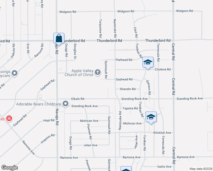 map of restaurants, bars, coffee shops, grocery stores, and more near 22042 Elkalo Road in Apple Valley