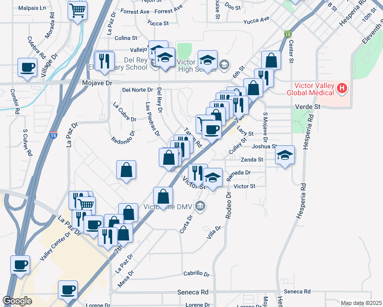 map of restaurants, bars, coffee shops, grocery stores, and more near 14986A Seventh Street in Victorville