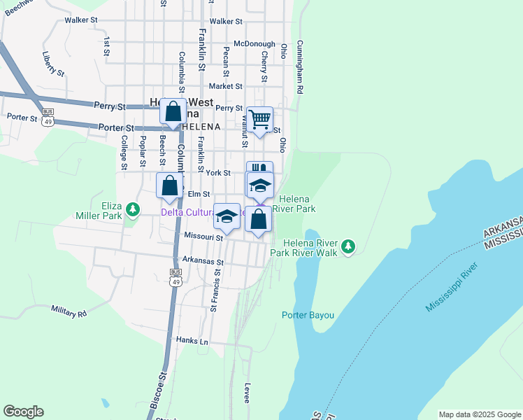 map of restaurants, bars, coffee shops, grocery stores, and more near 215 Cherry Street in Helena-West Helena