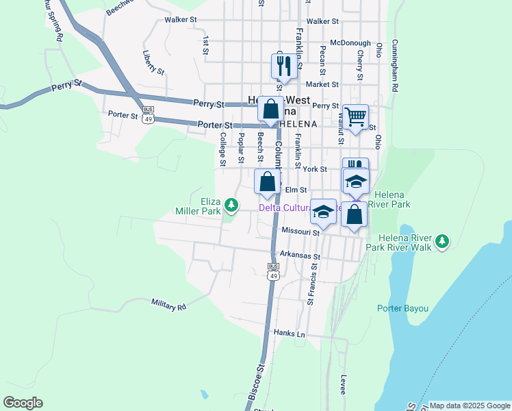 map of restaurants, bars, coffee shops, grocery stores, and more near 229 Beech Street in Helena-West Helena