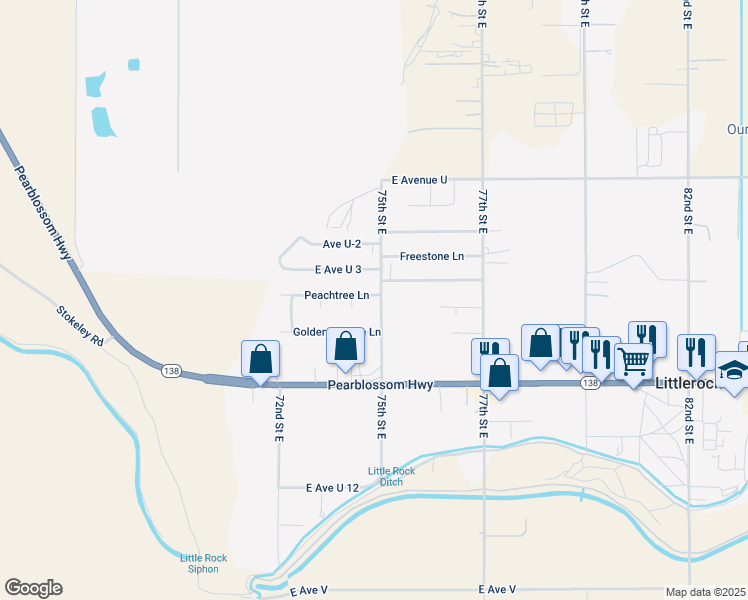 map of restaurants, bars, coffee shops, grocery stores, and more near 35339 75th Street East in Littlerock
