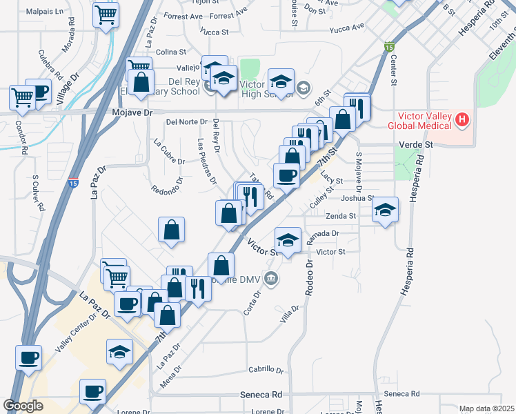 map of restaurants, bars, coffee shops, grocery stores, and more near 14986A Seventh Street in Victorville