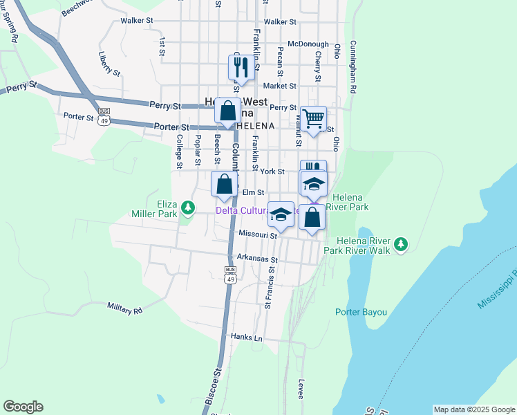 map of restaurants, bars, coffee shops, grocery stores, and more near 202 Franklin Street in Helena-West Helena
