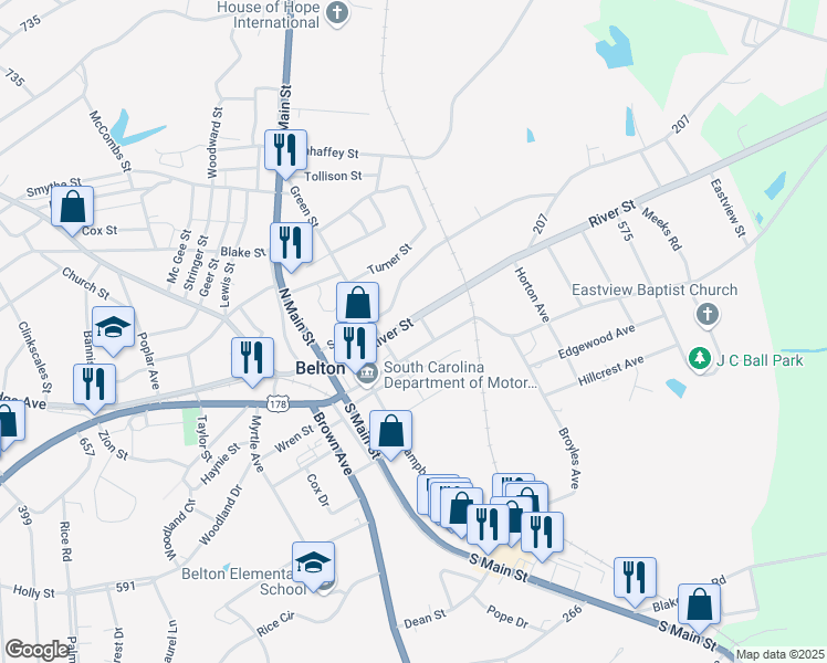 map of restaurants, bars, coffee shops, grocery stores, and more near 205 River Street in Belton