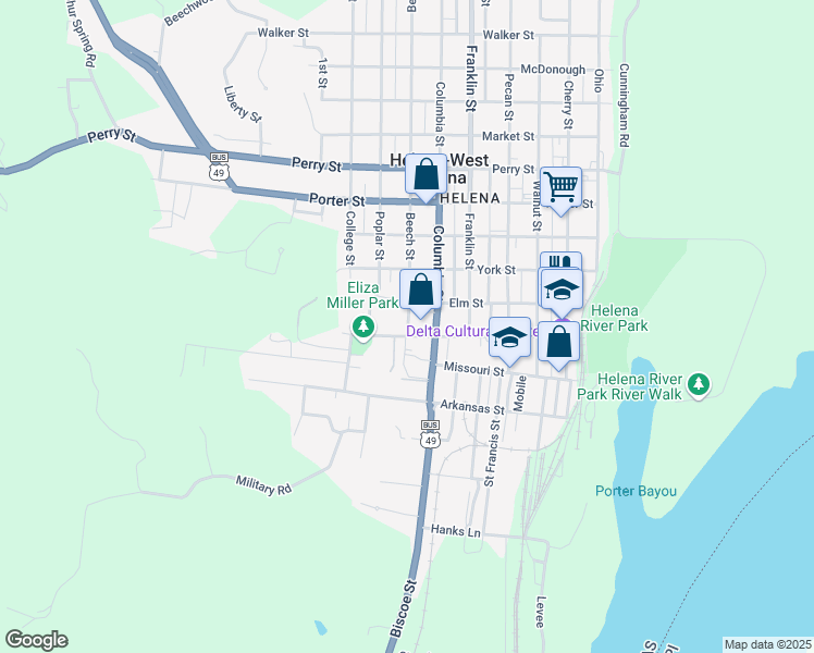 map of restaurants, bars, coffee shops, grocery stores, and more near 229 Beech Street in Helena-West Helena